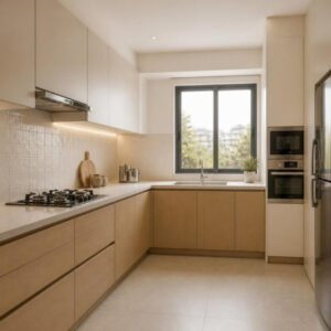 Japandi 3BHK modular kitchen for indian cooking interior design concept for a Bangalore apartment by ModScale Interiors