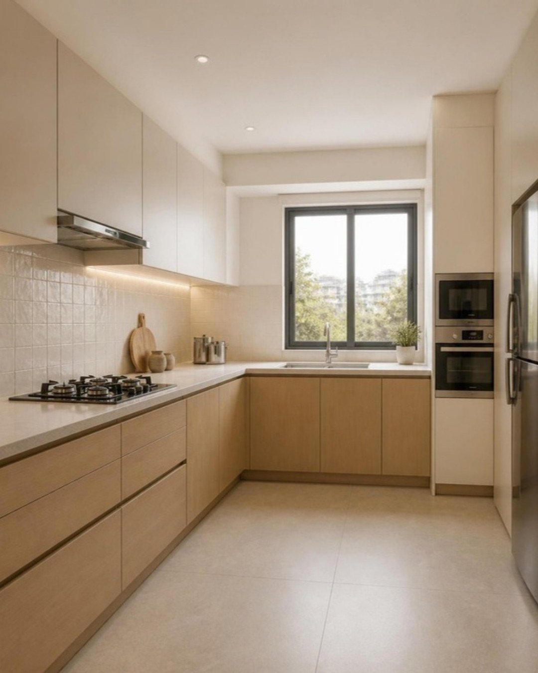 Japandi 3BHK modular kitchen for indian cooking interior design for a Bangalore apartment by ModScale Interiors