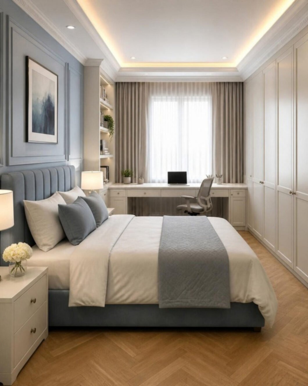 Modern Classic 3BHK bedroom 2 with study desk interior design concept for a Bangalore apartment by ModScale Interiors