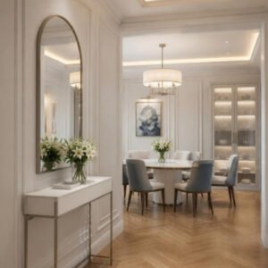 Modern Classic 3BHK foyer and 6-seater dining interior design concept for a Bangalore apartment by ModScale Interiors