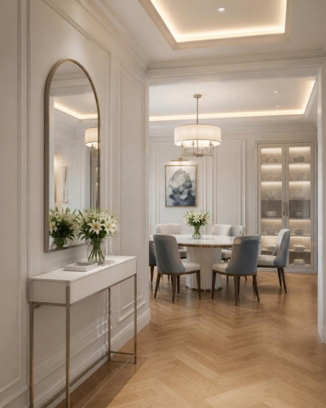 Modern Classic 3BHK foyer and 6-seater dining interior design concept for a Bangalore apartment by ModScale Interiors