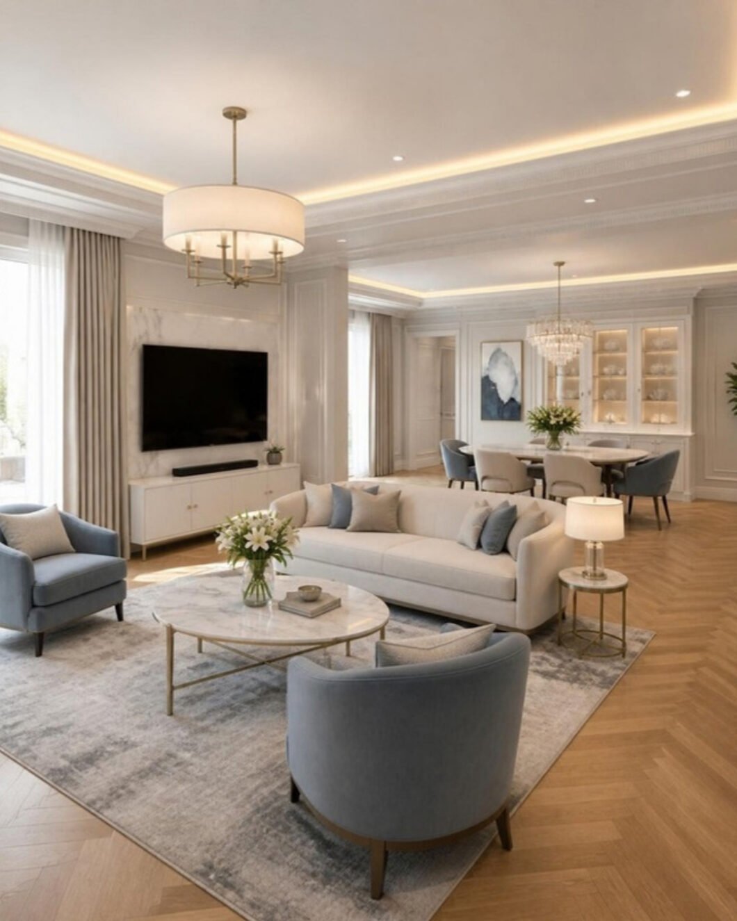 Modern Classic 3BHK living and dining – signature view interior design concept for a Bangalore apartment by ModScale Interiors