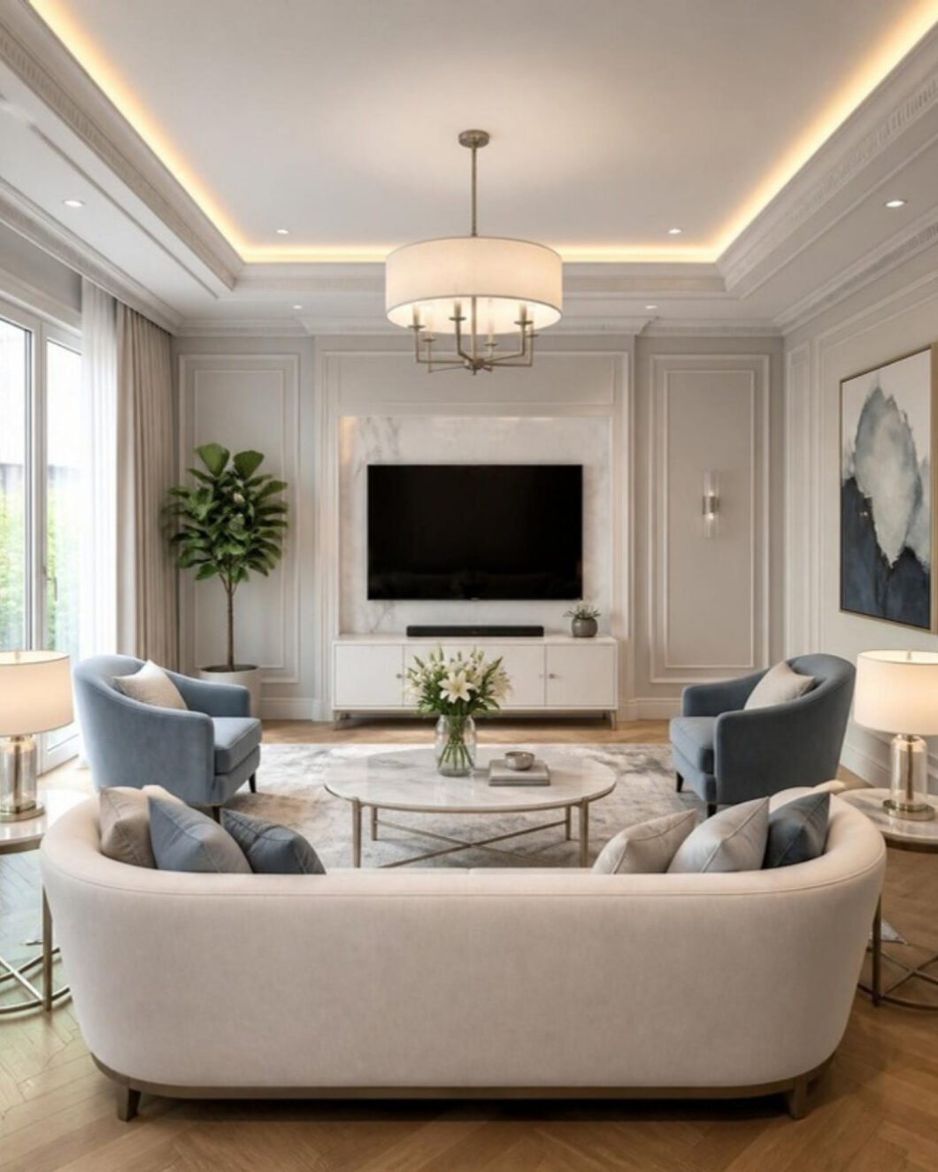 Modern Classic 3BHK living room interior design concept for a Bangalore apartment by ModScale Interiors
