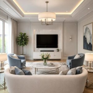 Modern Classic 3BHK living room interior design concept for a Bangalore apartment by ModScale Interiors