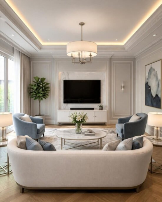 Modern Classic 3BHK living room interior design concept for a Bangalore apartment by ModScale Interiors