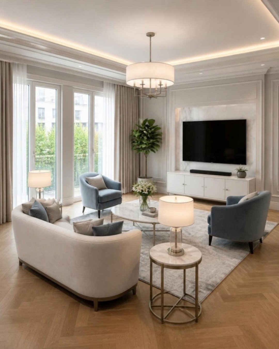 Modern Classic 3BHK living room – second view interior design concept for a Bangalore apartment by ModScale Interiors