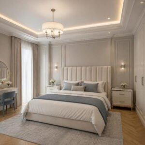 Modern Classic 3BHK master bedroom interior design concept for a Bangalore apartment by ModScale Interiors