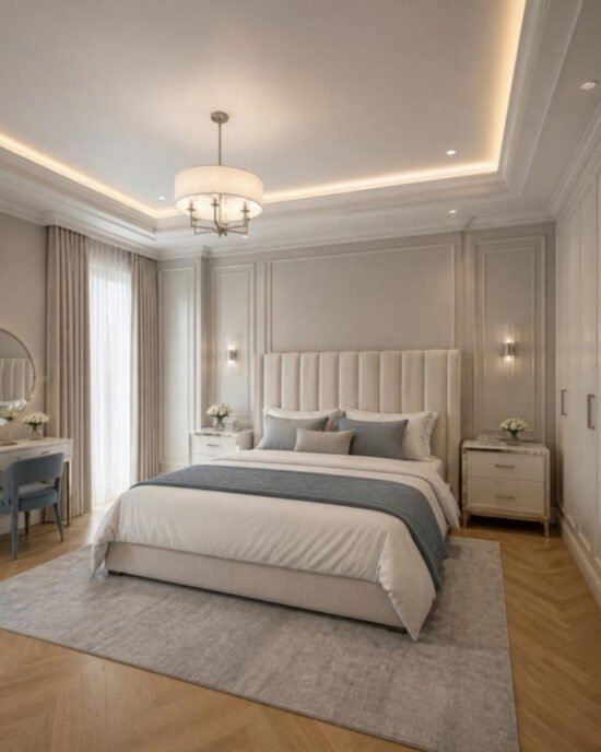 Modern Classic 3BHK master bedroom interior design concept for a Bangalore apartment by ModScale Interiors