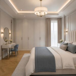 Modern Classic 3BHK master wardrobe and dressing interior design concept for a Bangalore apartment by ModScale Interiors
