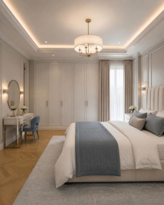 Modern Classic 3BHK master wardrobe and dressing interior design concept for a Bangalore apartment by ModScale Interiors