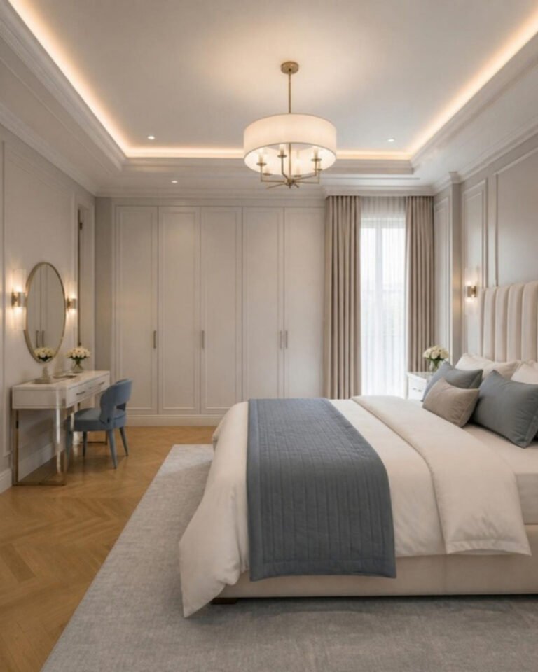 Classic panelled wardrobe with hinged shutters beside a dressing table