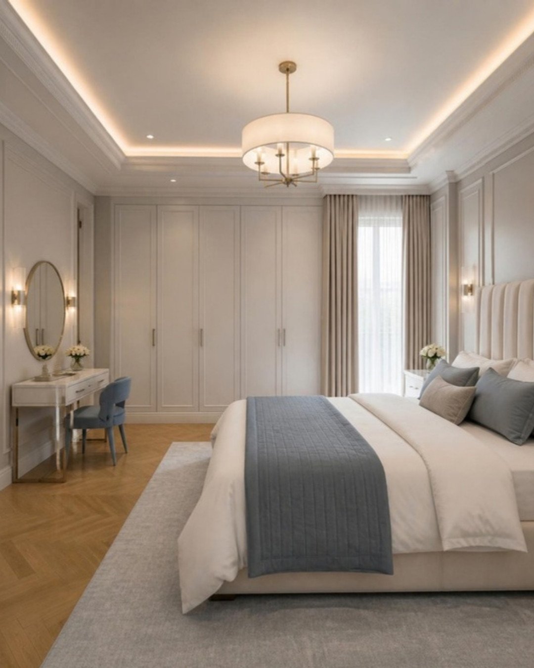Modern Classic 3BHK master wardrobe and dressing interior design concept for a Bangalore apartment by ModScale Interiors