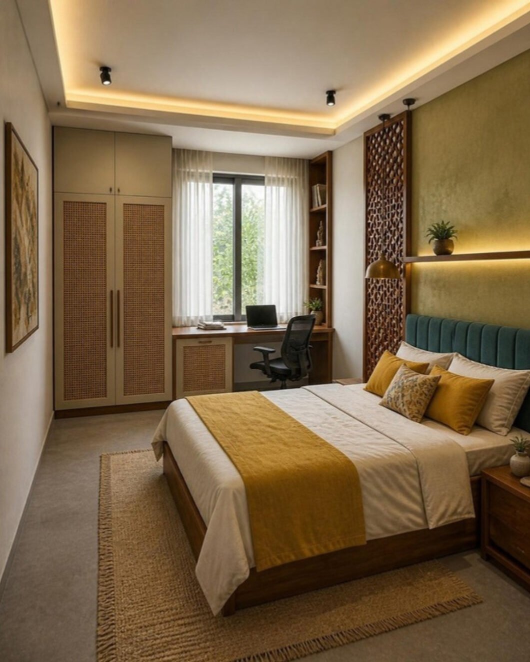 Modern Indian 3BHK bedroom 2 with study desk interior design concept for a Bangalore apartment by ModScale Interiors