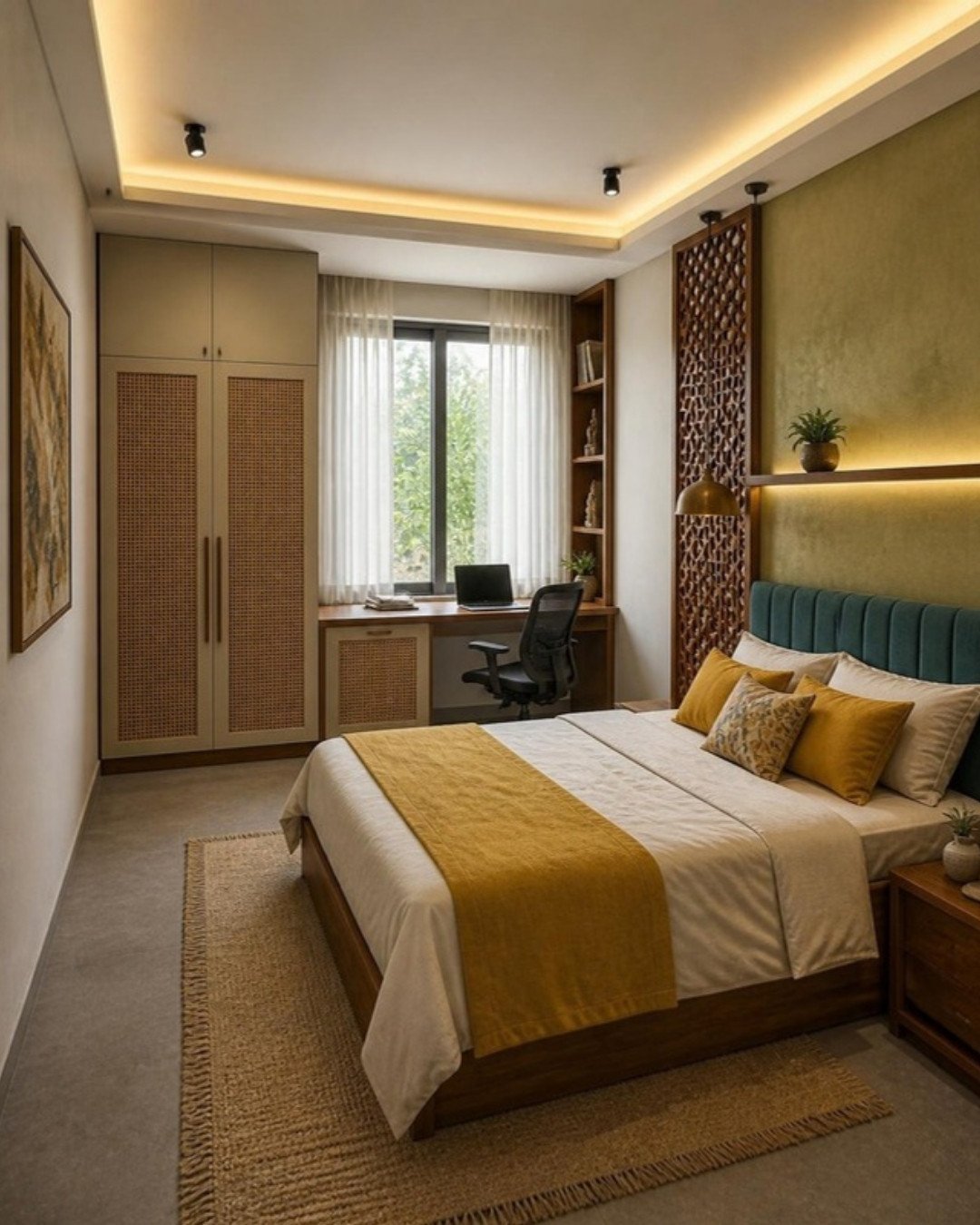 Modern Indian 3BHK bedroom 2 with study desk interior design concept for a Bangalore apartment by ModScale Interiors