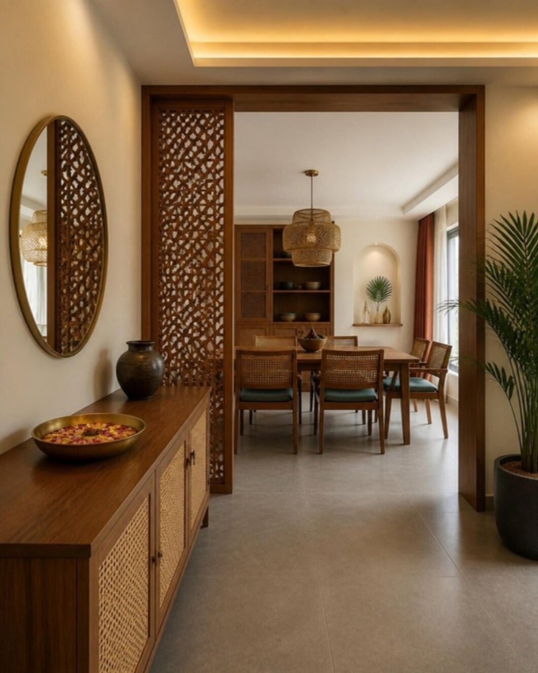 Modern Indian 3BHK foyer and 6-seater dining interior design concept for a Bangalore apartment by ModScale Interiors