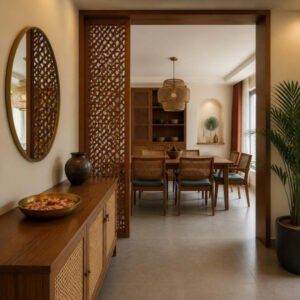 Modern Indian 3BHK foyer and 6-seater dining interior design concept for a Bangalore apartment by ModScale Interiors