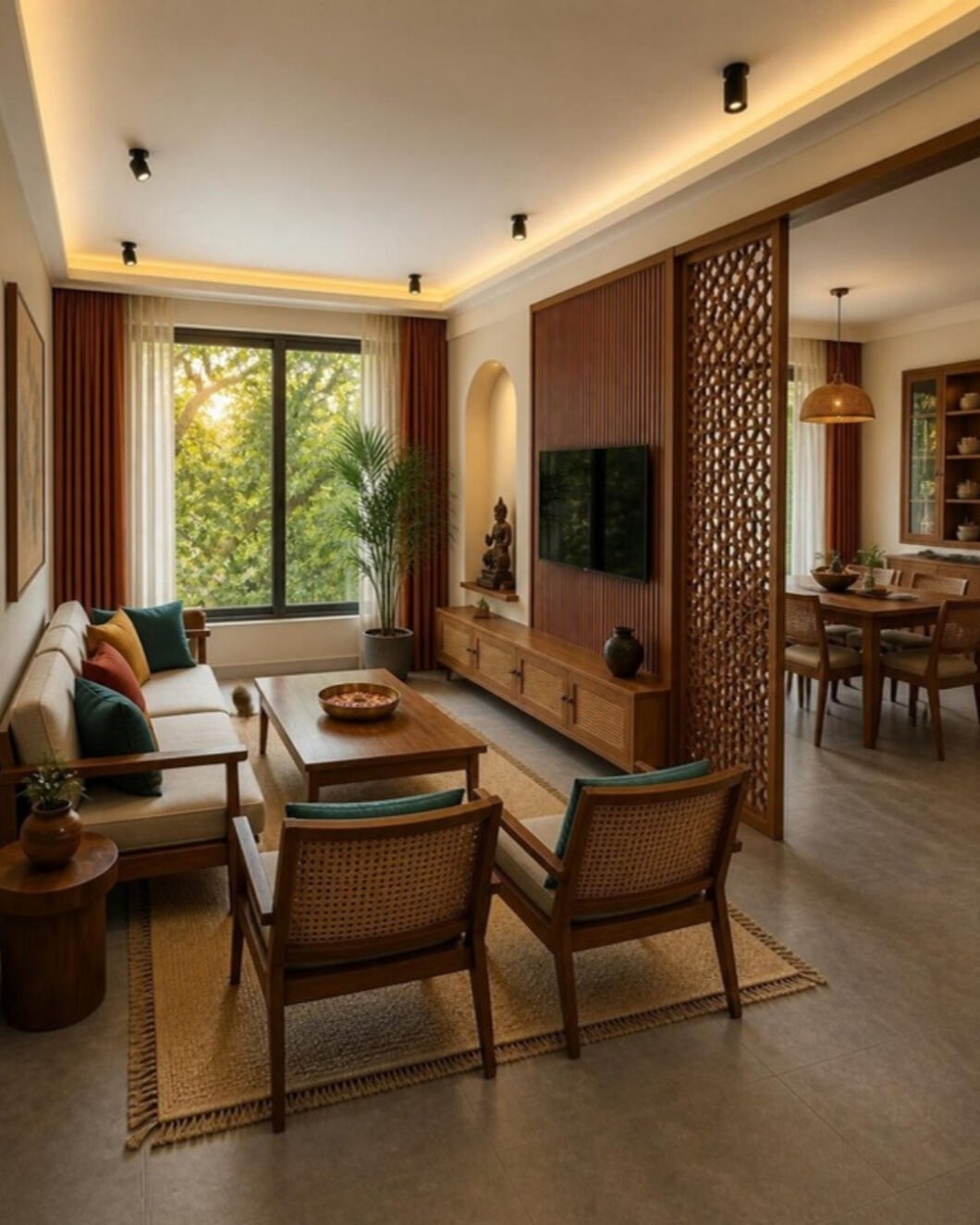 Modern Indian 3BHK living and dining – signature view interior design concept for a Bangalore apartment by ModScale Interiors