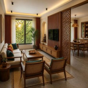 Modern Indian 3BHK living and dining – signature view interior design concept for a Bangalore apartment by ModScale Interiors