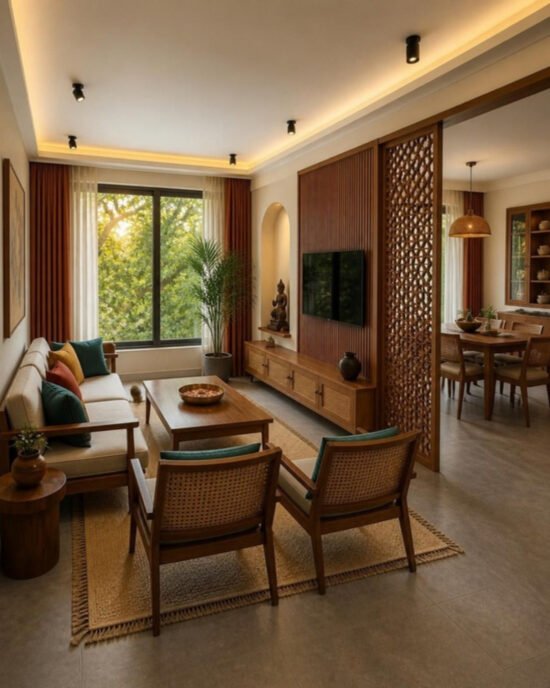 Modern Indian 3BHK living and dining – signature view interior design concept for a Bangalore apartment by ModScale Interiors