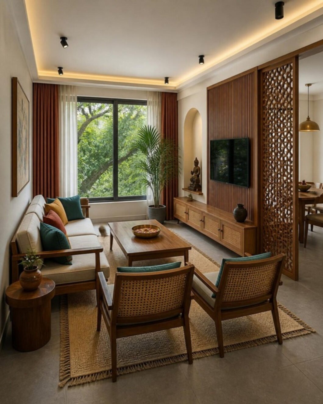 Modern Indian 3BHK living room interior design concept for a Bangalore apartment by ModScale Interiors
