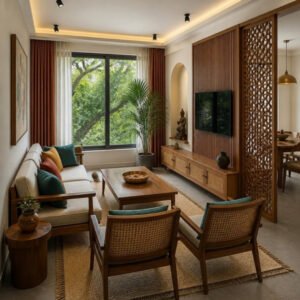Modern Indian 3BHK living room interior design concept for a Bangalore apartment by ModScale Interiors