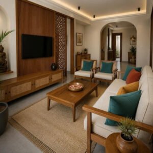 Modern Indian 3BHK living room – second view interior design concept for a Bangalore apartment by ModScale Interiors