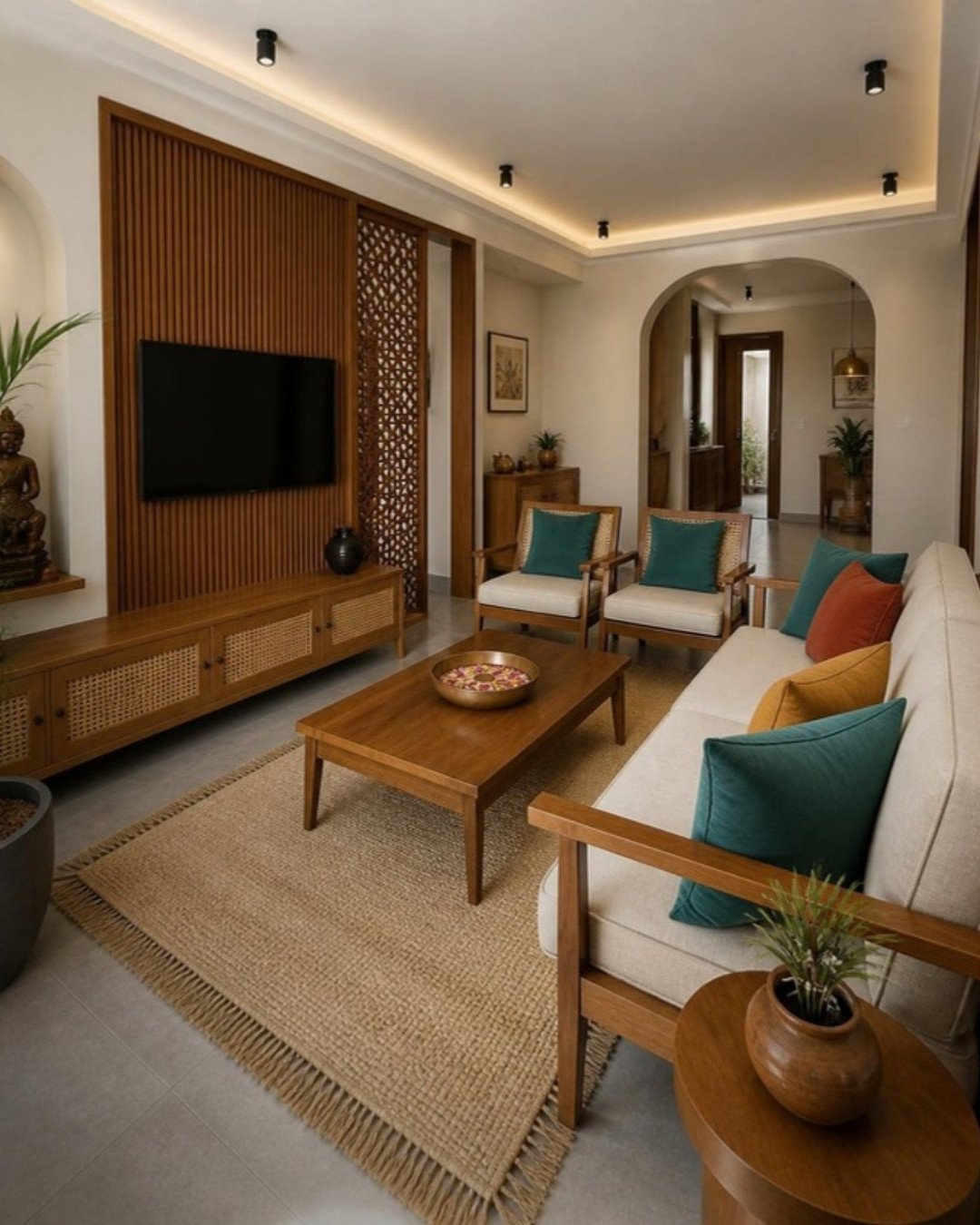 Modern Indian 3BHK living room – second view interior design concept for a Bangalore apartment by ModScale Interiors