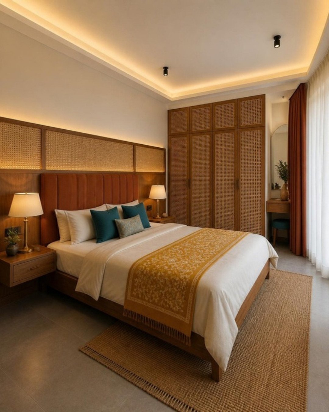 Modern Indian 3BHK master bedroom interior design concept for a Bangalore apartment by ModScale Interiors