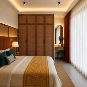 Modern Indian 3BHK master wardrobe and dressing interior design concept for a Bangalore apartment by ModScale Interiors