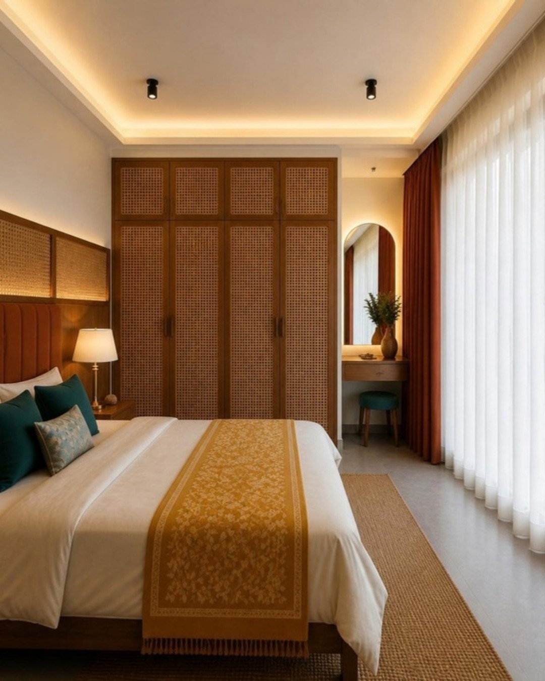Modern Indian 3BHK master wardrobe and dressing interior design concept for a Bangalore apartment by ModScale Interiors