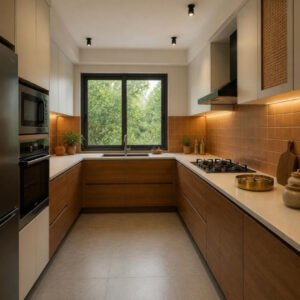 Modern Indian 3BHK modular kitchen for indian cooking interior design concept for a Bangalore apartment by ModScale Interiors