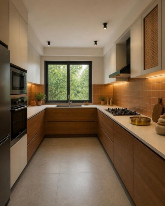 Modern Indian 3BHK modular kitchen for indian cooking interior design concept for a Bangalore apartment by ModScale Interiors