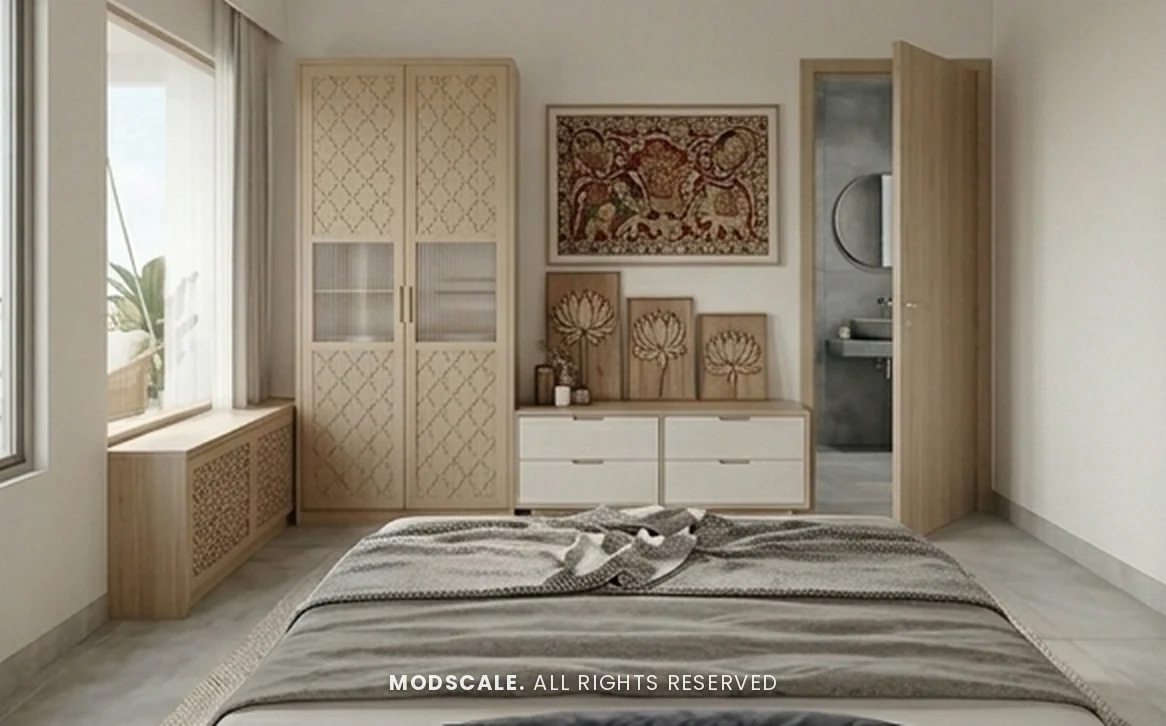 Guest bedroom towards the entry with Kalamkari art, lotus wall panels, carved wardrobe and ensuite door – Vinitha’s home at Adarsh Park Heights, Gunjur (3D design)
