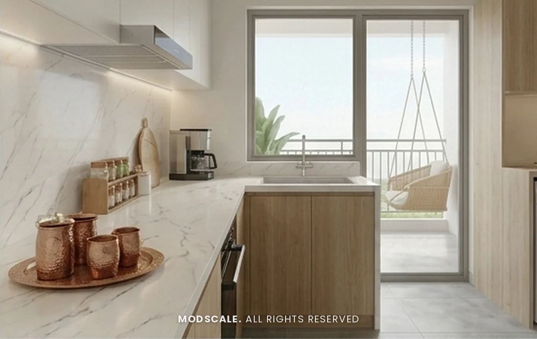 Kitchen counter by the balcony door with marble-look backsplash, copper tumblers and a view of the balcony swing – Vinitha’s home at Adarsh Park Heights, Gunjur (3D design)