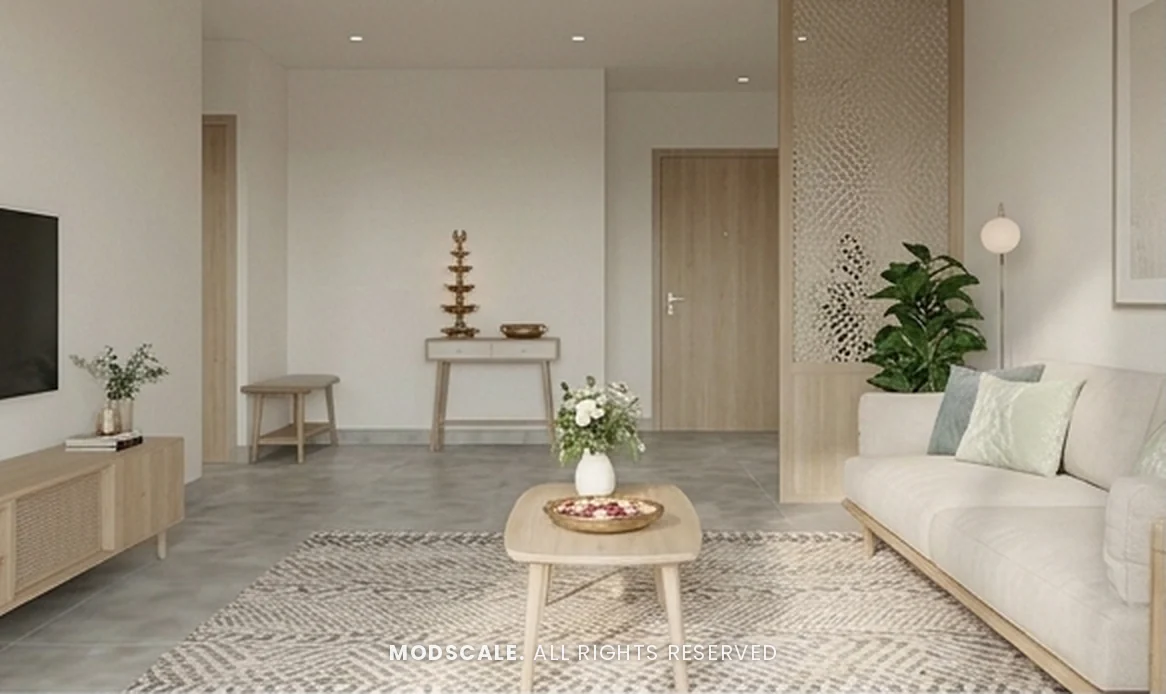 Scandinavian living room with cream sofa, oak coffee table, patterned rug, rattan TV unit and carved jaali screen at the foyer – Vinitha’s home at Adarsh Park Heights, Gunjur (3D design)