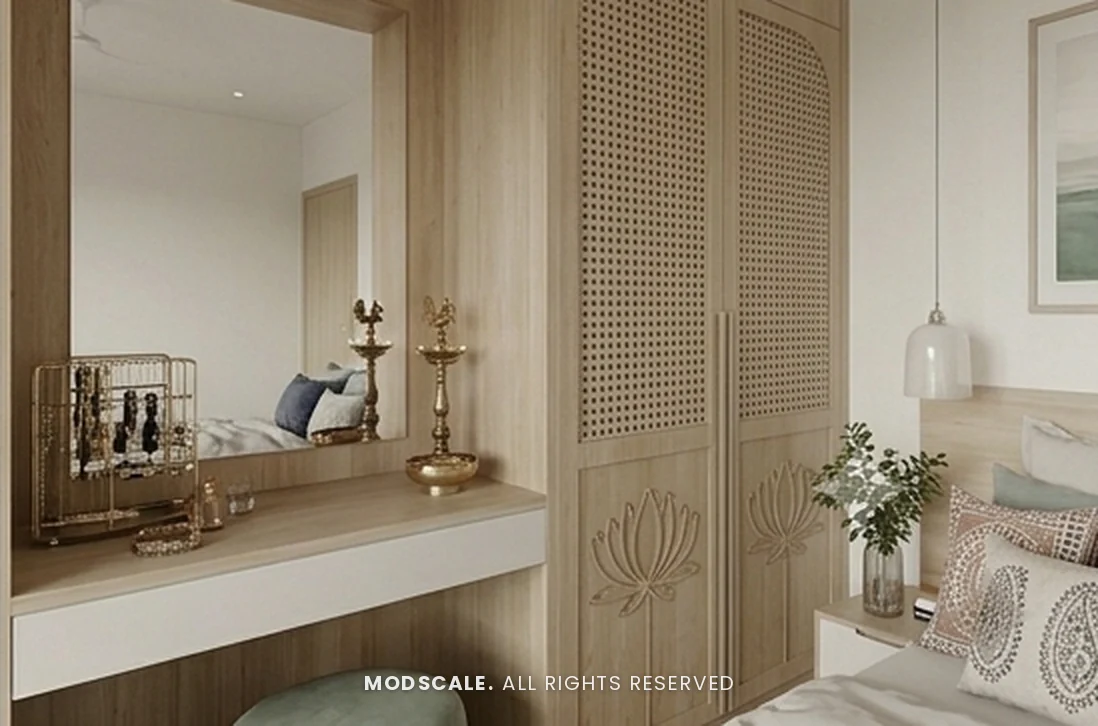 Dressing counter close-up with brass diyas, jewellery stand and lotus-carved oak wardrobe beside the bed – Vinitha’s home at Adarsh Park Heights, Gunjur (3D design)