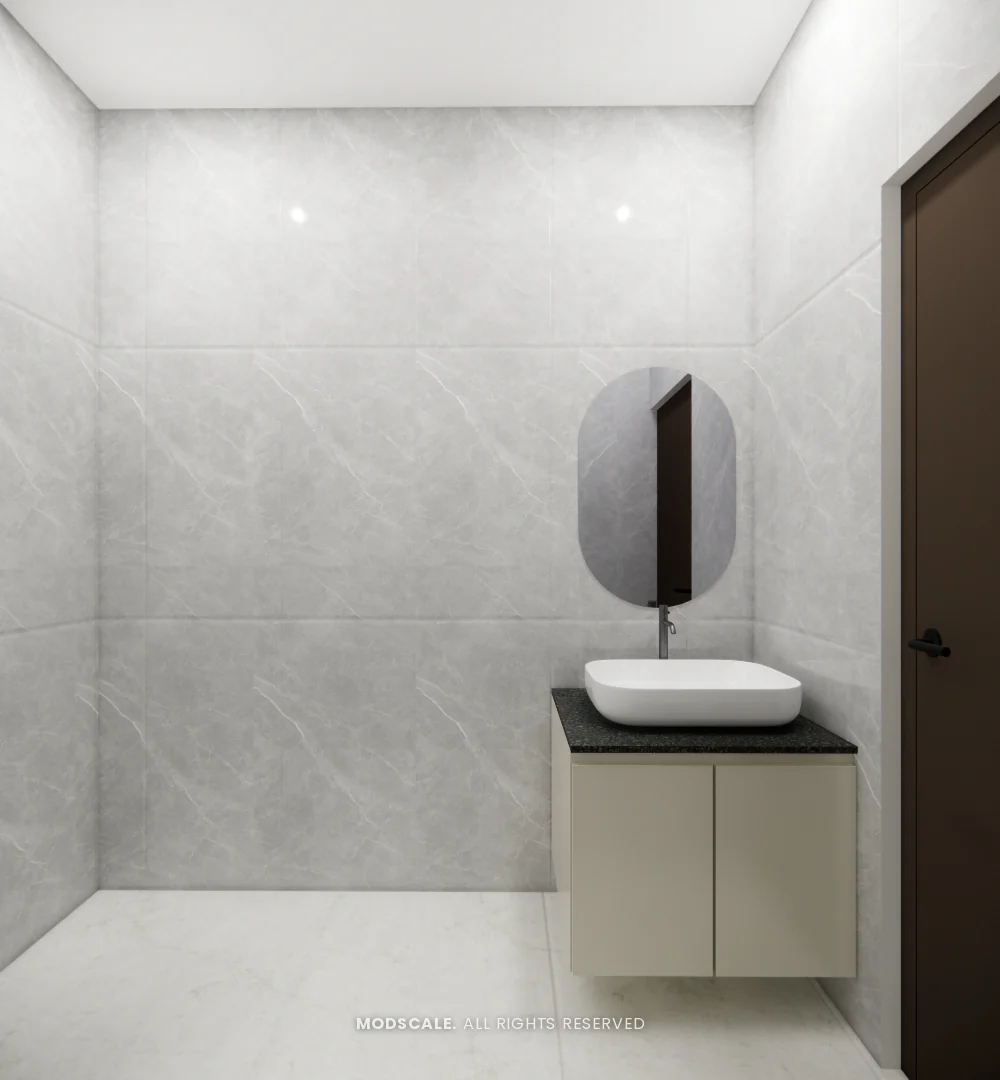 Wall-hung ivory vanity with vessel basin and pill-shaped mirror