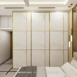 Sliding wardrobe in marble finish with brass inlay grid, Bhaskar’s villa in JP Nagar (3D design)