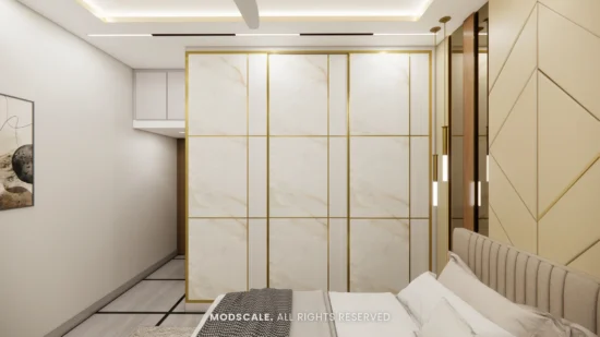 Sliding wardrobe in marble finish with brass inlay grid, Bhaskar’s villa in JP Nagar (3D design)