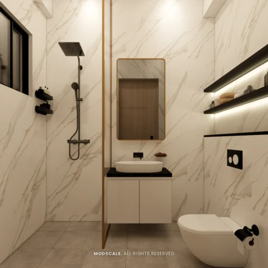 Bathroom with marble-look tiles