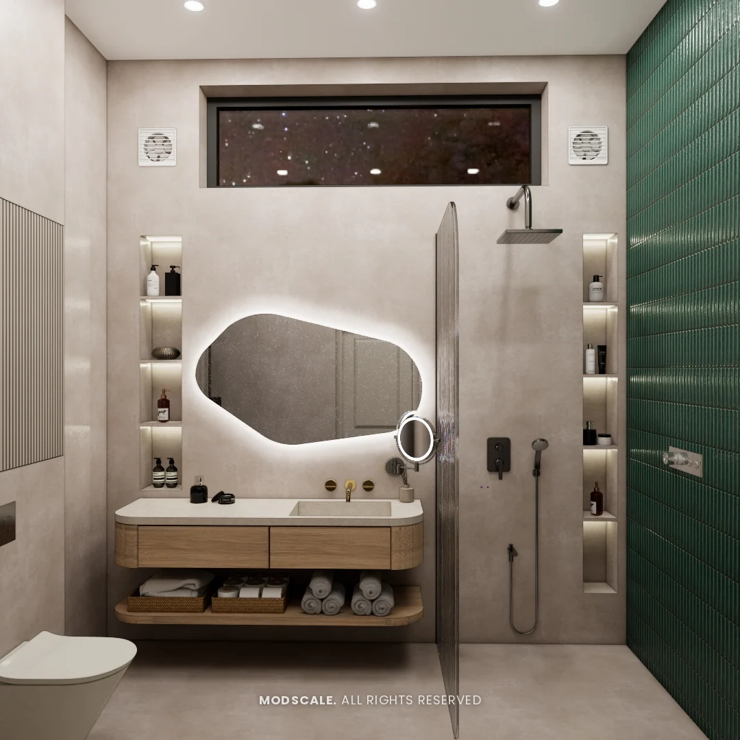 Bathroom with backlit organic-shaped mirror and green tiled shower wall