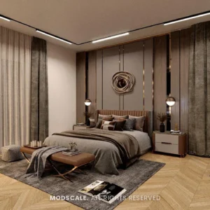 Master bedroom with upholstered bed