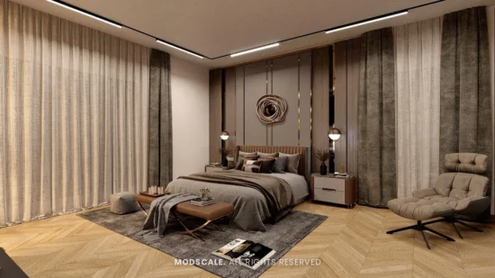 Master bedroom with upholstered bed