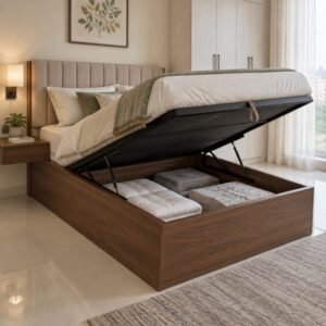 Bed design with storage concept showing a hydraulic lift-up bed in a bedroom