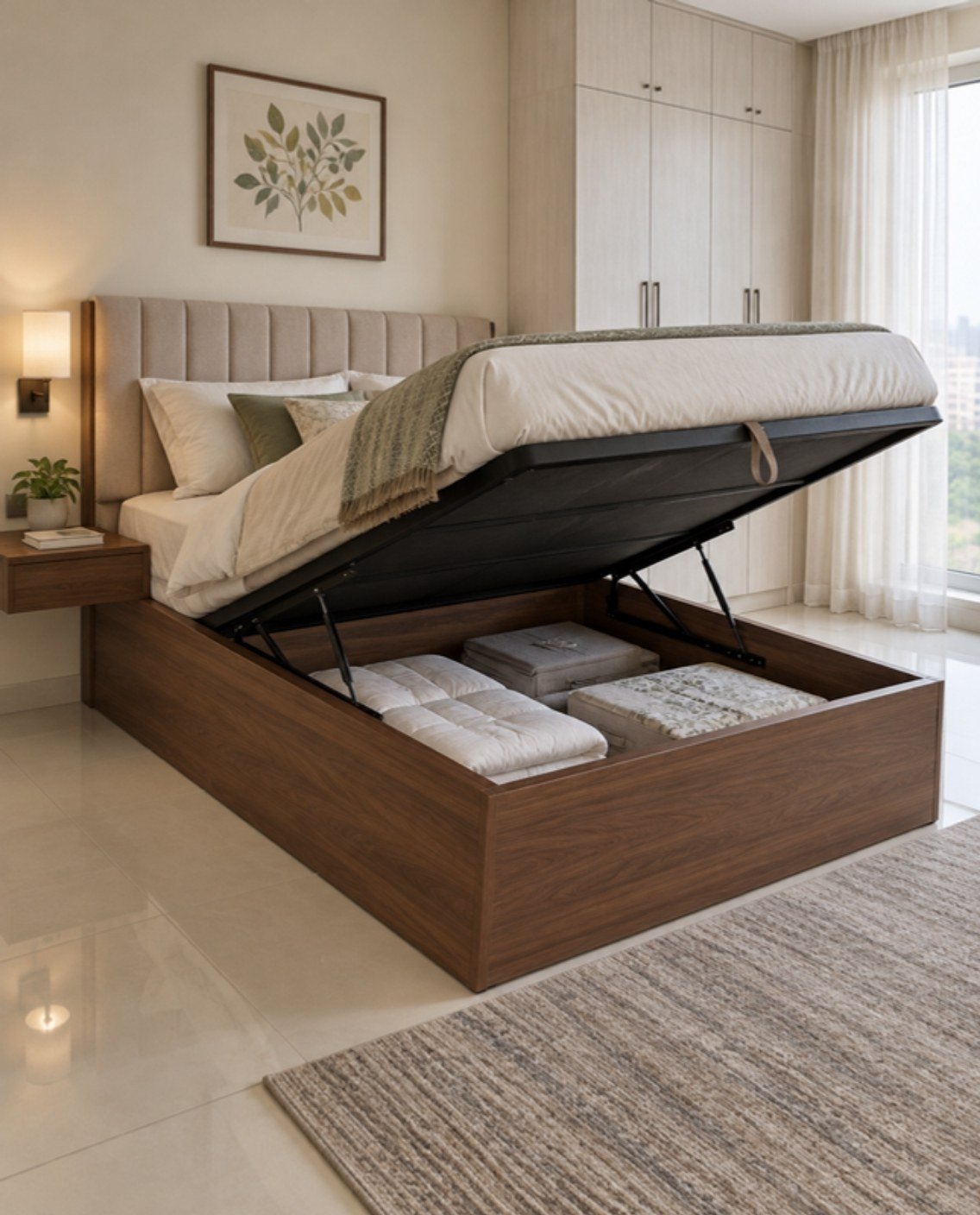 Bed design with storage concept showing a hydraulic lift-up bed in a bedroom