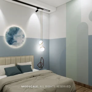 Bed with beige fluted headboard under a backlit round artwork, Vivek’s home at Assetz 63 Degree East (3D design)