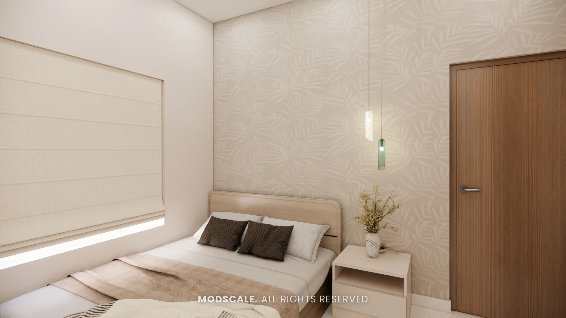 Bedroom view towards the door with roman blind and bedside pendant