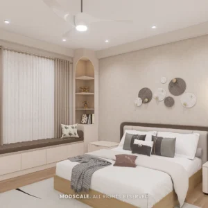 Master bedroom with long window seat with drawers and wood-look floor, Praveen’s villa at Springville, Harlur (3D design)