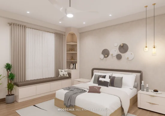 Master bedroom with long window seat with drawers and wood-look floor, Praveen’s villa at Springville, Harlur (3D design)