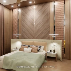 Master bedroom with chevron wood headboard wall and upholstered bed